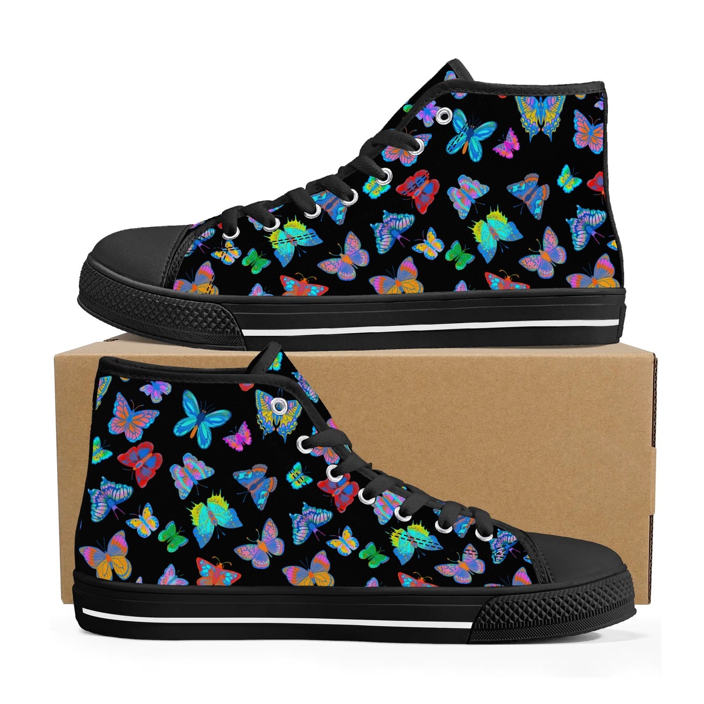 Rainbow Butterfly - BLACK - Womens High Top Canvas Shoes