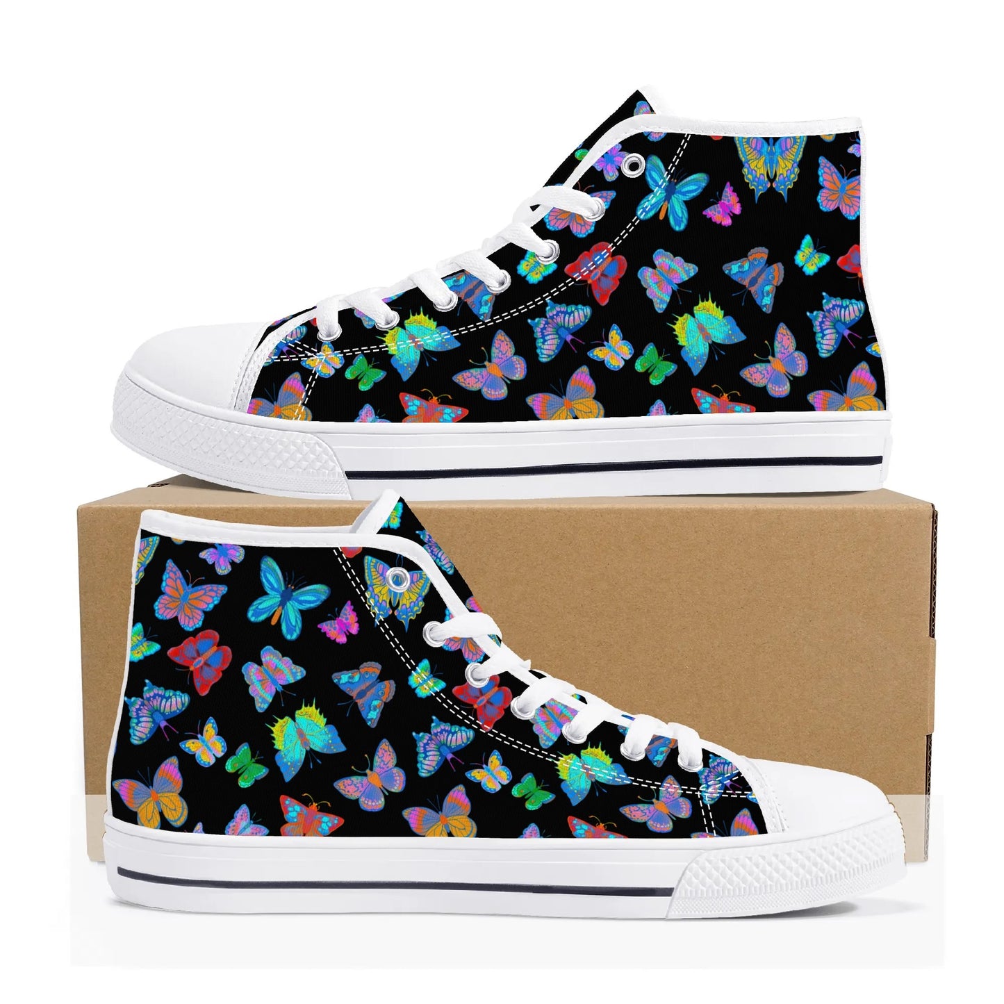 Rainbow Butterfly - BLACK - Womens High Top Canvas Shoes