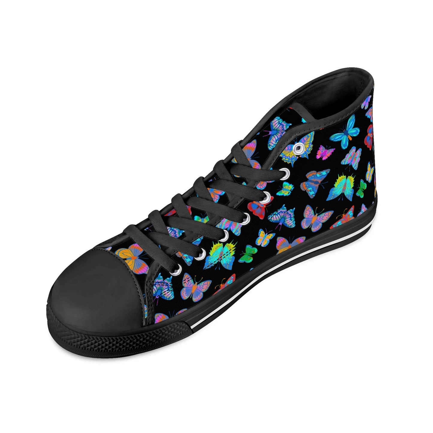 Rainbow Butterfly - BLACK - Womens High Top Canvas Shoes