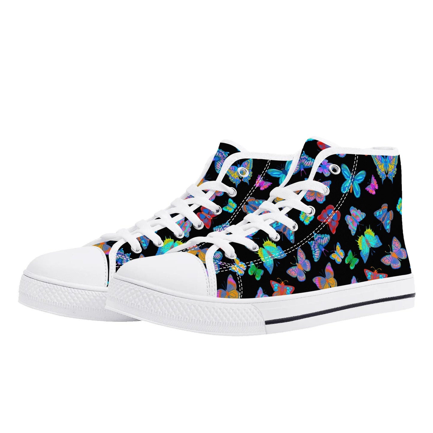 Rainbow Butterfly - BLACK - Womens High Top Canvas Shoes