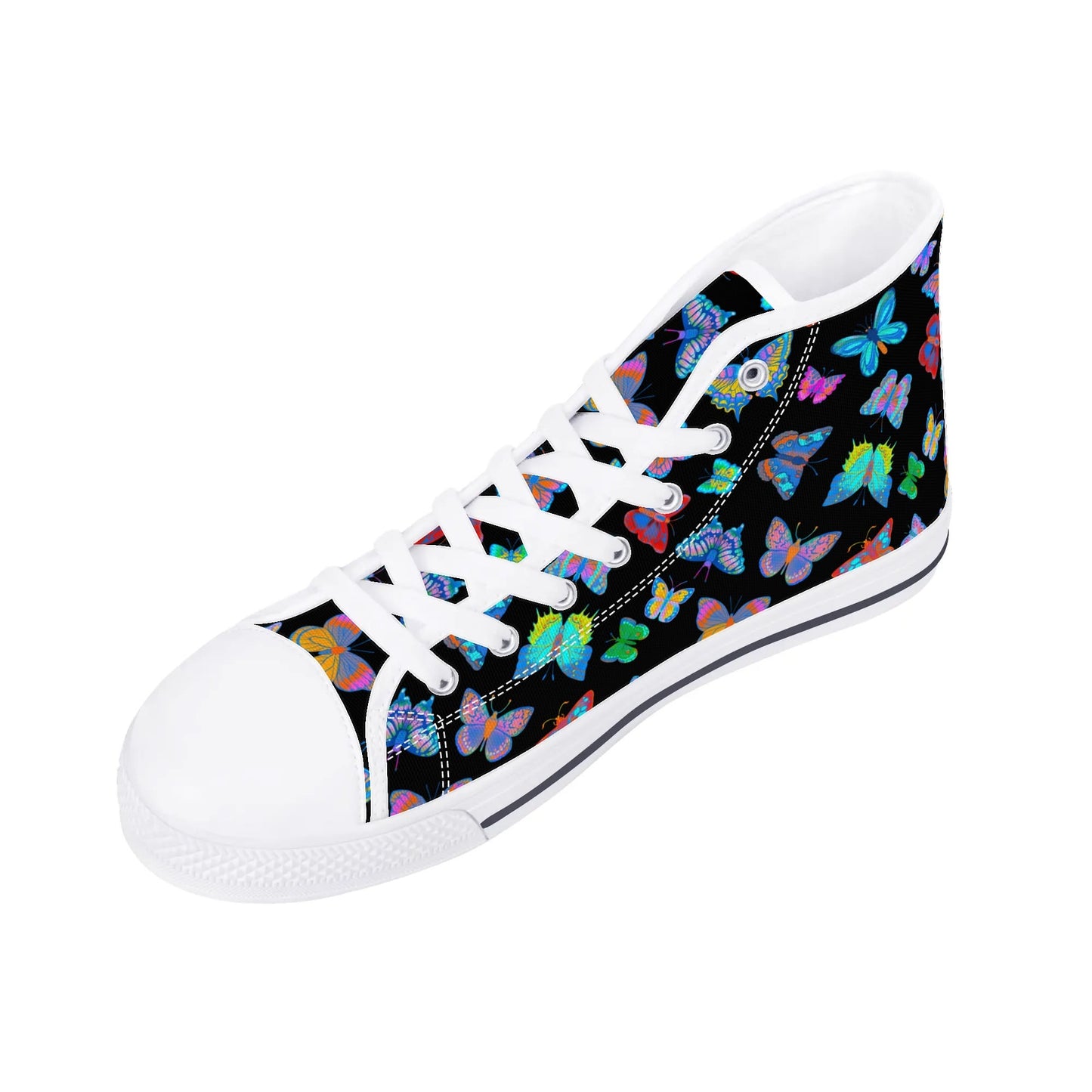 Rainbow Butterfly - BLACK - Womens High Top Canvas Shoes