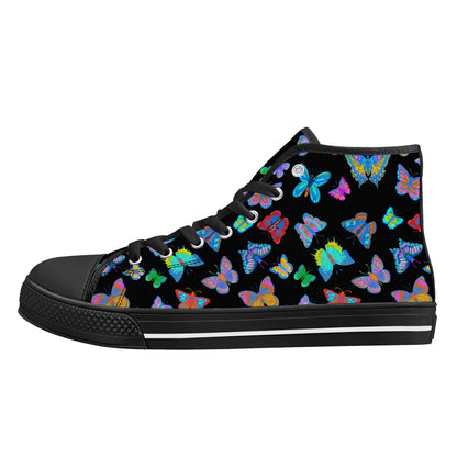 Rainbow Butterfly - BLACK - Womens High Top Canvas Shoes