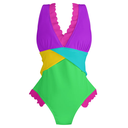 Restin in RAINBOWS - Womens Ruffle Edge Cross-Front One Piece Swimsuit Bathing Suit