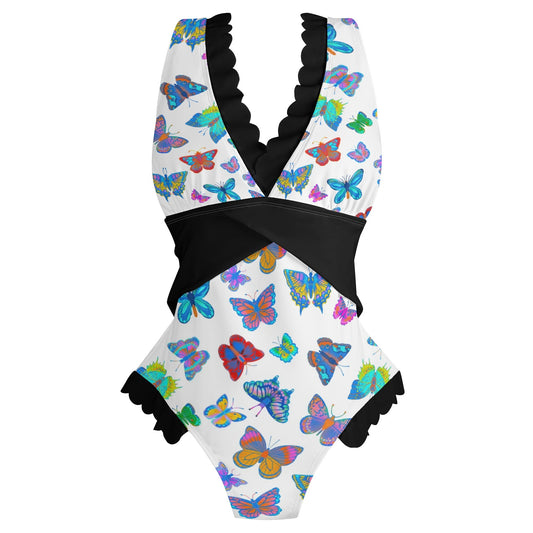 GARDEN OF BUTTERFLIES - Womens Ruffle Edge Cross-Front One Piece Swimsuit Bathing Suit