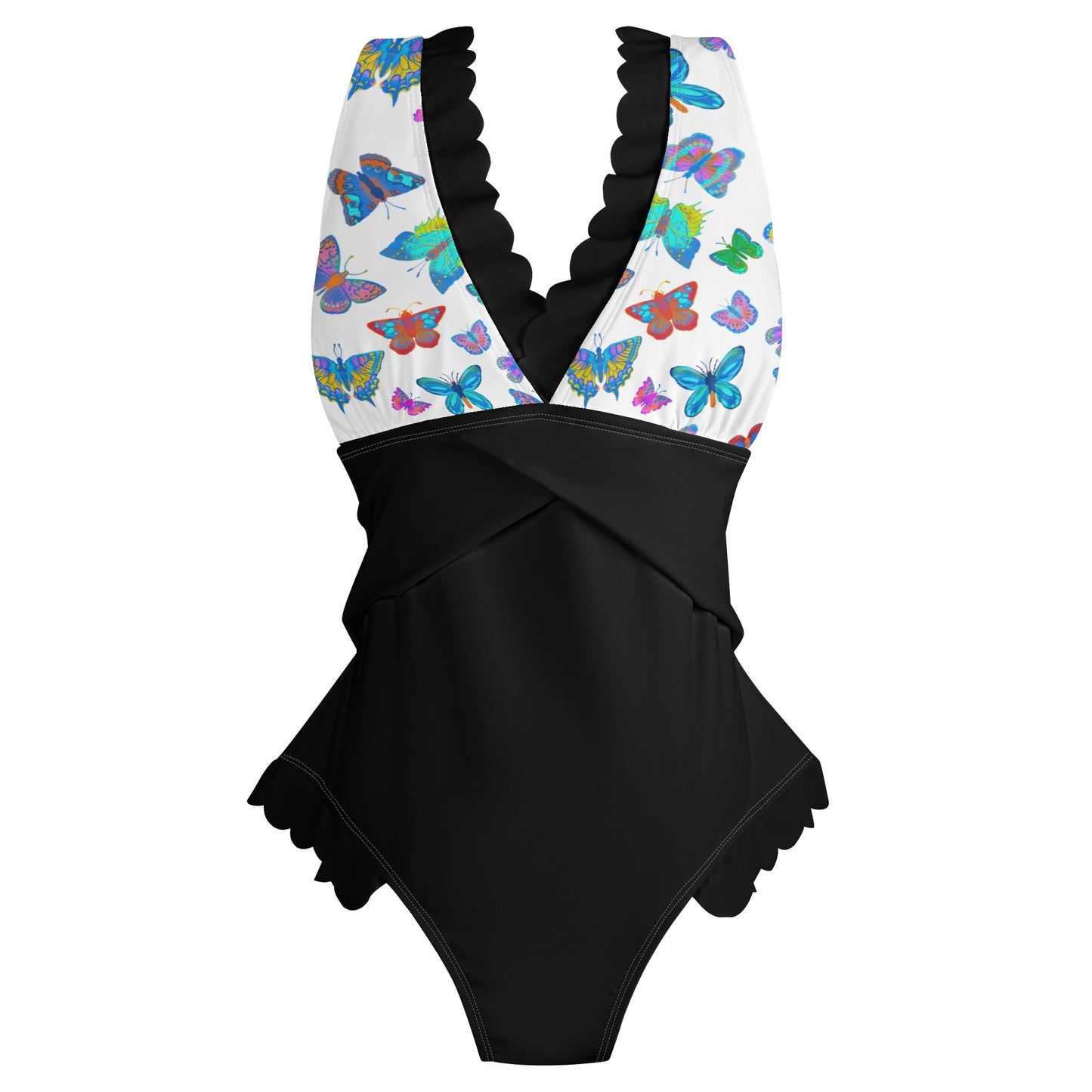 Butterflies on Top - Womens Ruffle Edge Cross-Front One Piece Swimsuit Bathing Suit