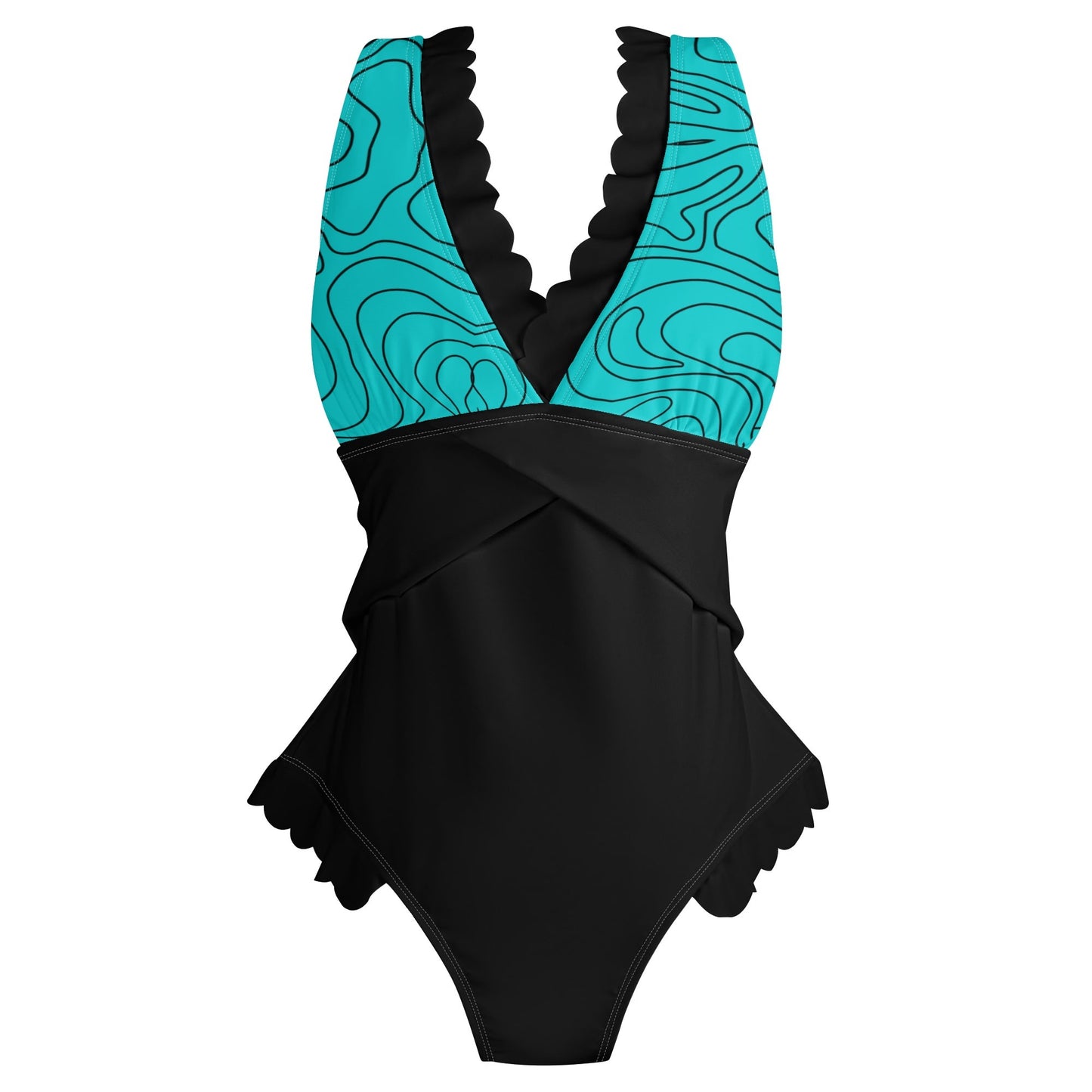 Turquoisin Squiggles - Womens Ruffle Edge Cross-Front One Piece Swimsuit Bathing Suit