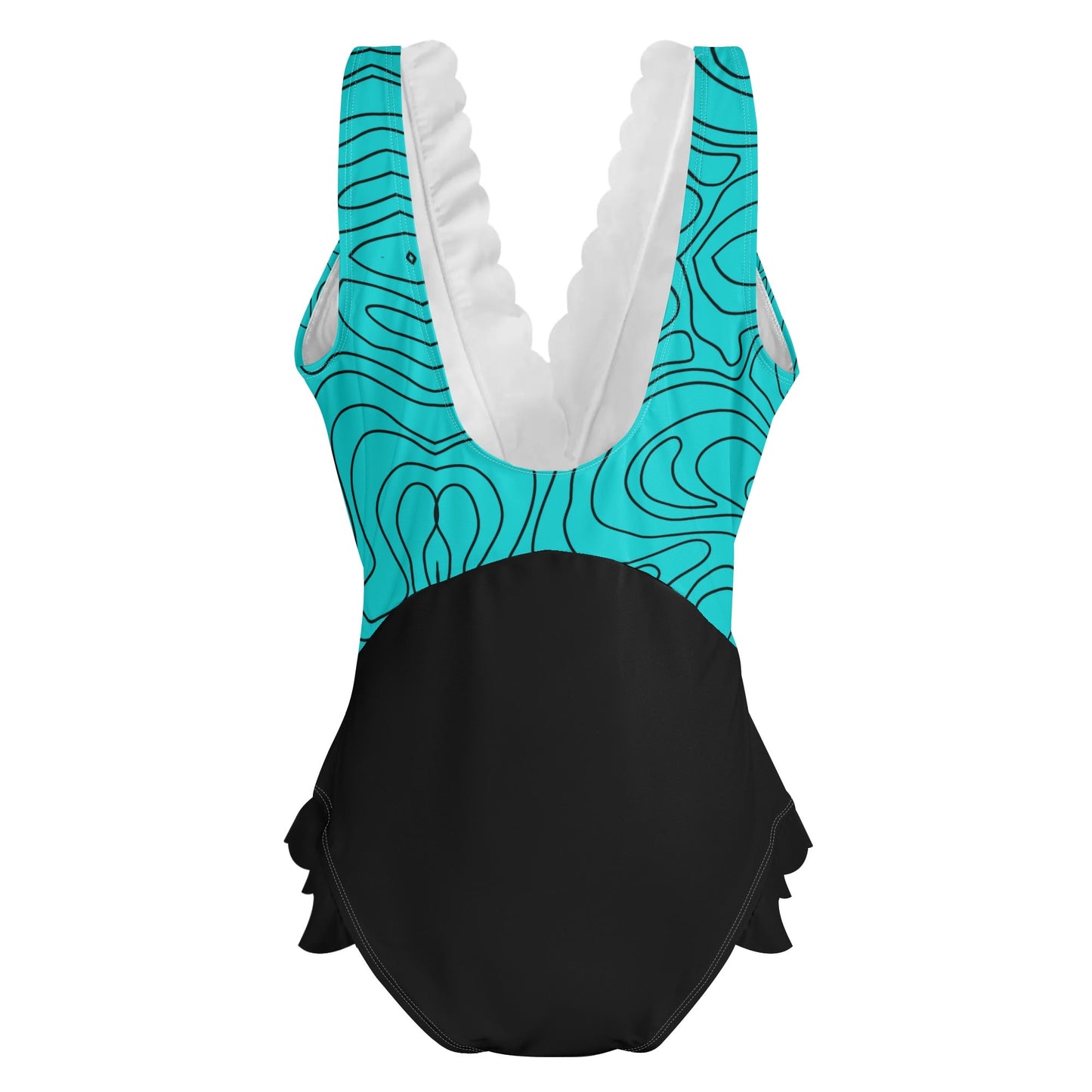 Turquoisin Squiggles - Womens Ruffle Edge Cross-Front One Piece Swimsuit Bathing Suit