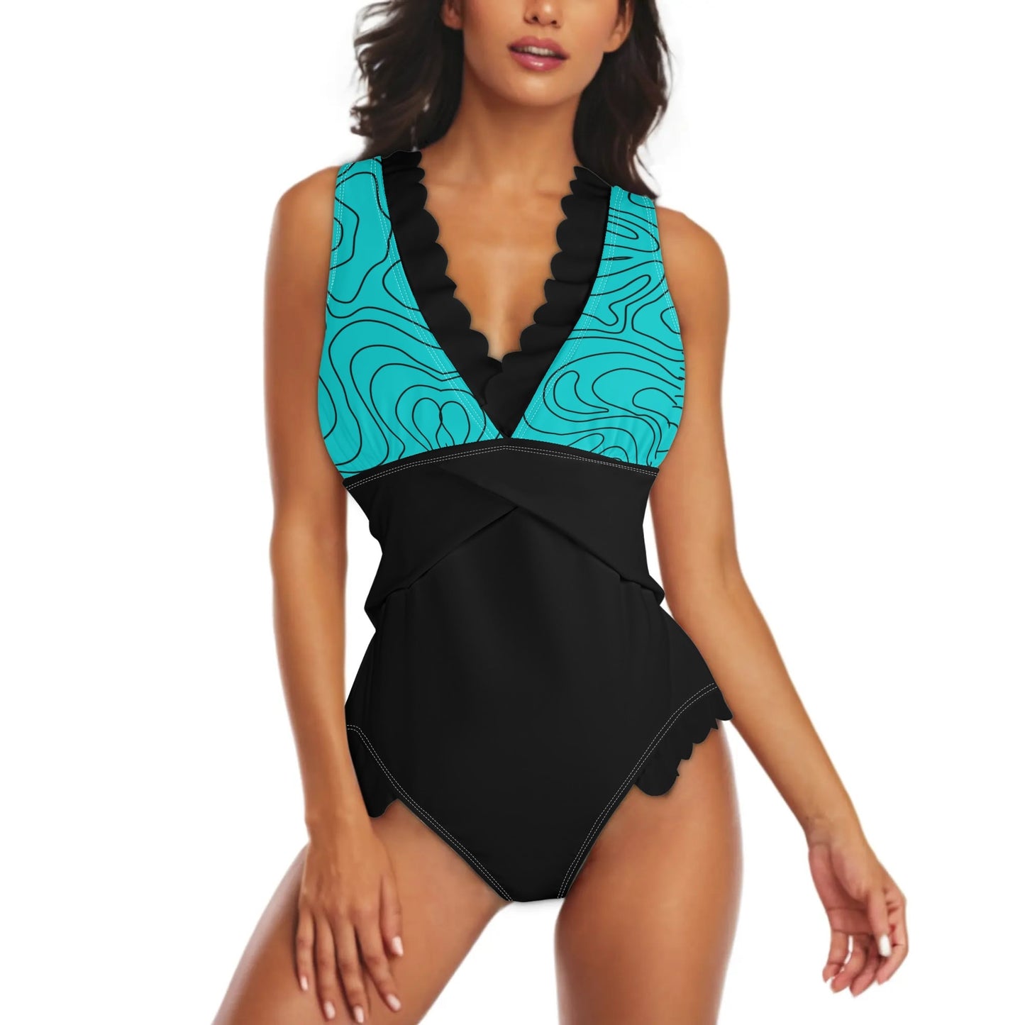 Turquoisin Squiggles - Womens Ruffle Edge Cross-Front One Piece Swimsuit Bathing Suit