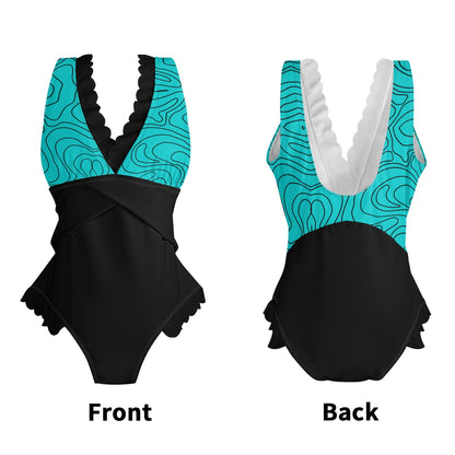 Turquoisin Squiggles - Womens Ruffle Edge Cross-Front One Piece Swimsuit Bathing Suit