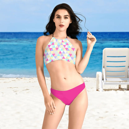 Pastel Triangles, Hot Pink Bottoms - Womens Bikini Sets High Neck Two Piece Swimsuit