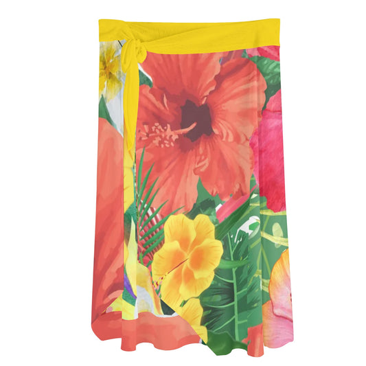 LUAU READY - YELLOW - Womens Swimsuit Cover Up Ruffle Tie Side Beach Sarong Wrap Maxi Skirt