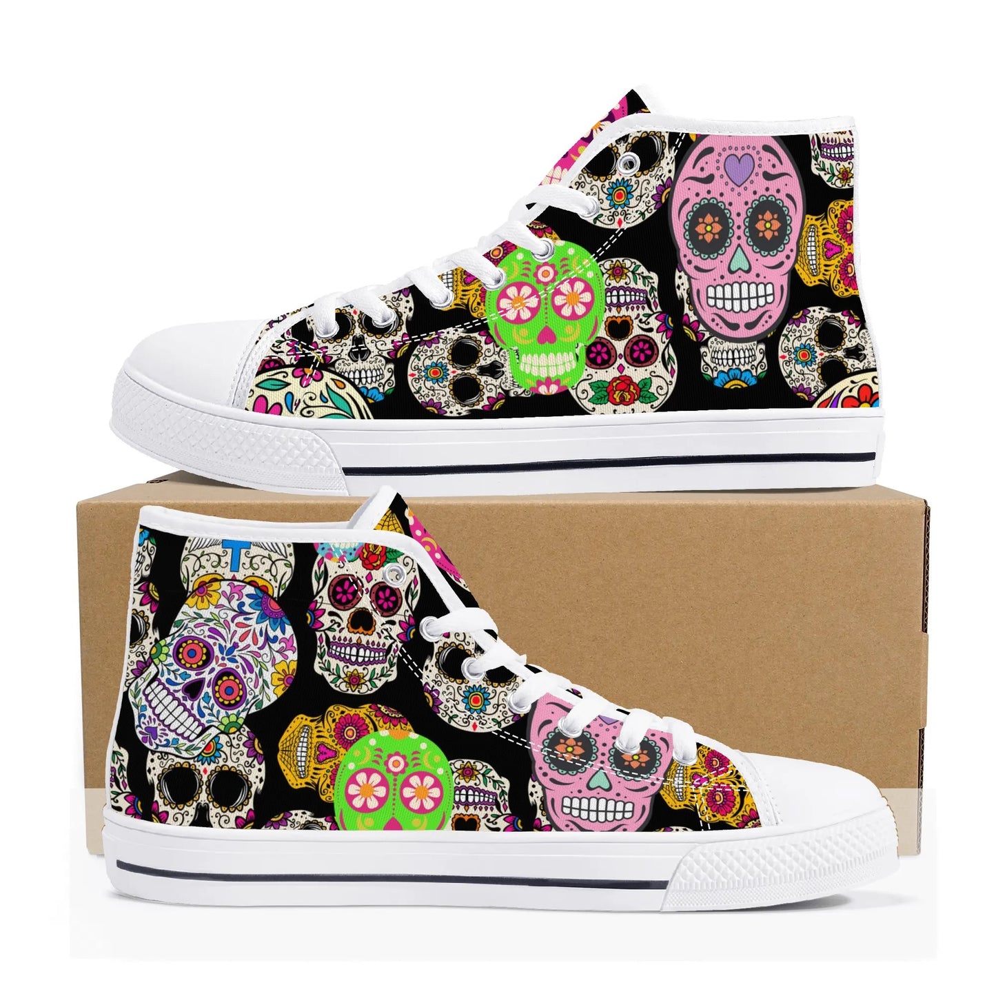Sugar Skulls and Sweet Dreams - Mens High Top Canvas Shoes