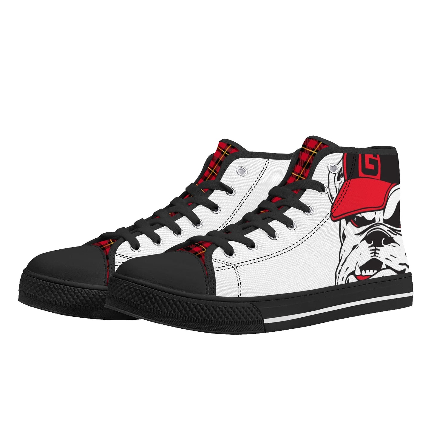 ANGRY BULLDOG/ WHITE with RED PLAID TONGUE Mens High Top Canvas Shoes