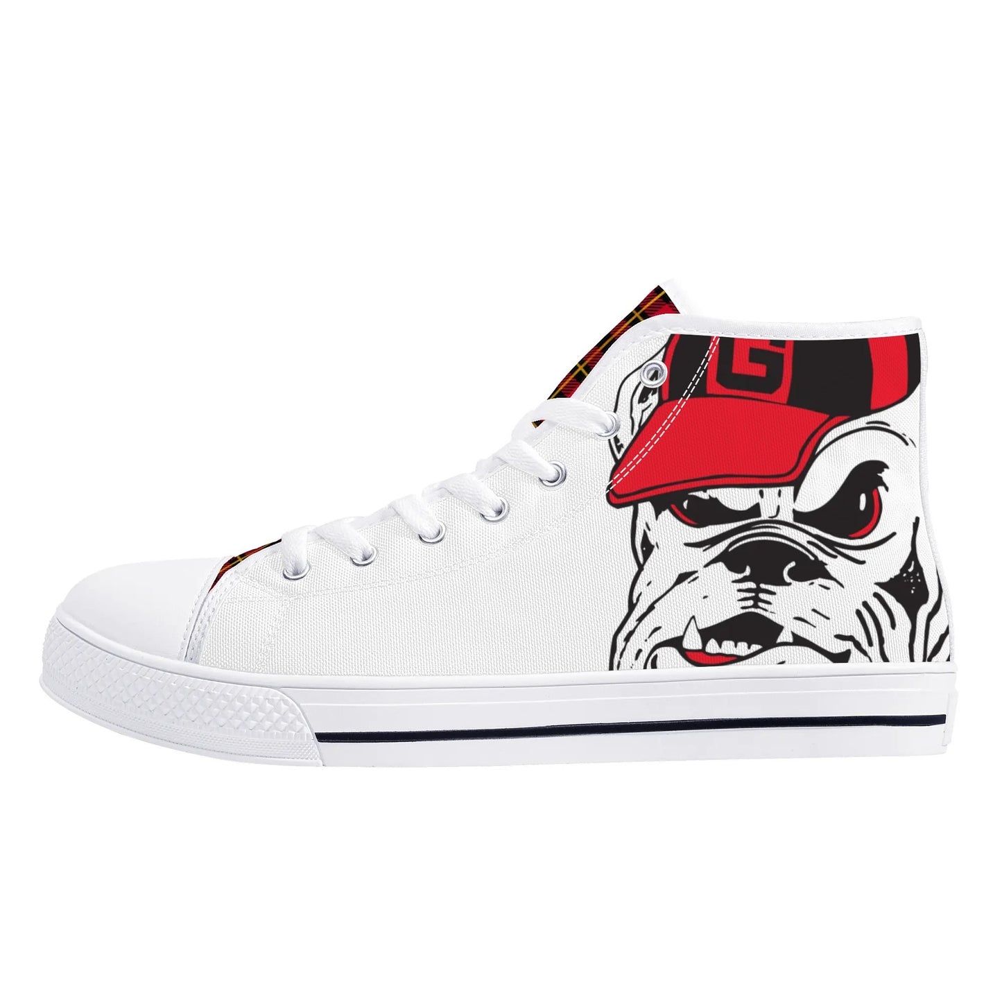 ANGRY BULLDOG/ WHITE with RED PLAID TONGUE Mens High Top Canvas Shoes