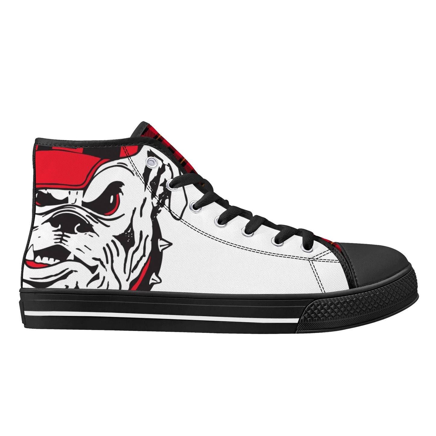 ANGRY BULLDOG/ WHITE with RED PLAID TONGUE Mens High Top Canvas Shoes