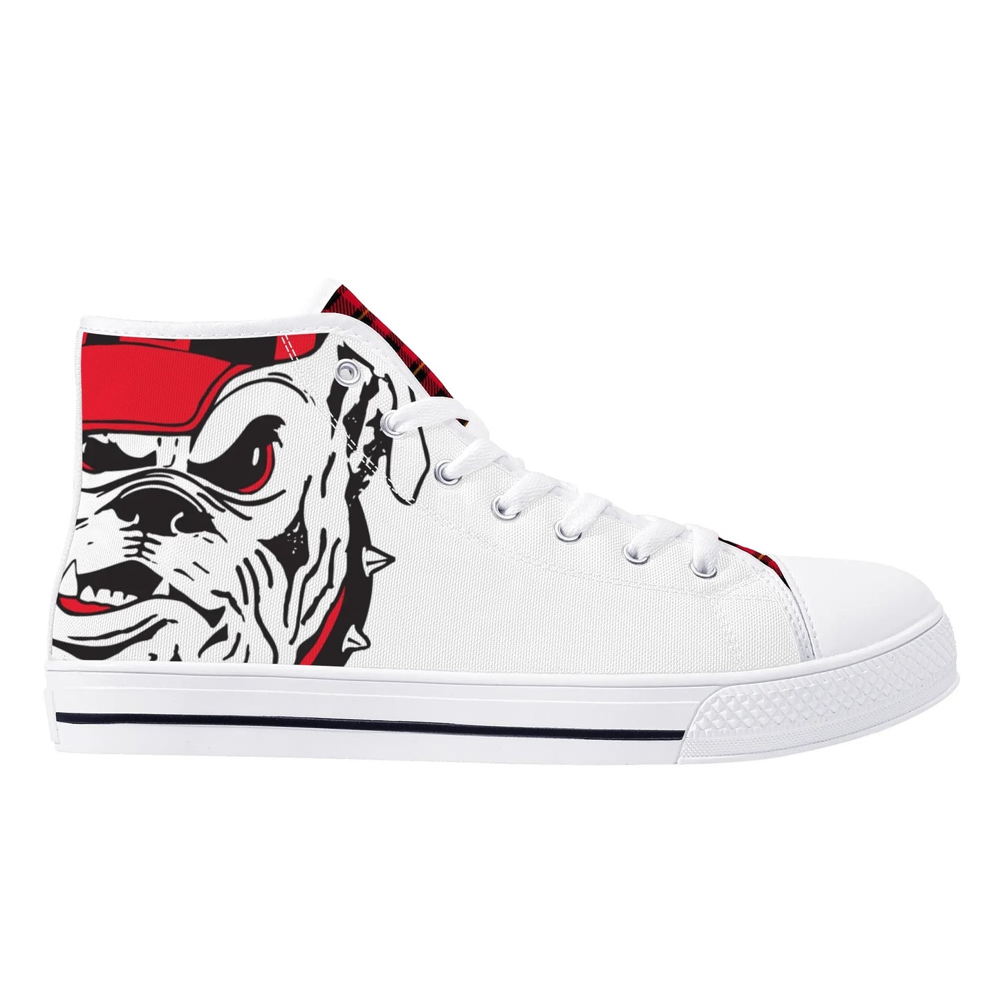 ANGRY BULLDOG/ WHITE with RED PLAID TONGUE Mens High Top Canvas Shoes