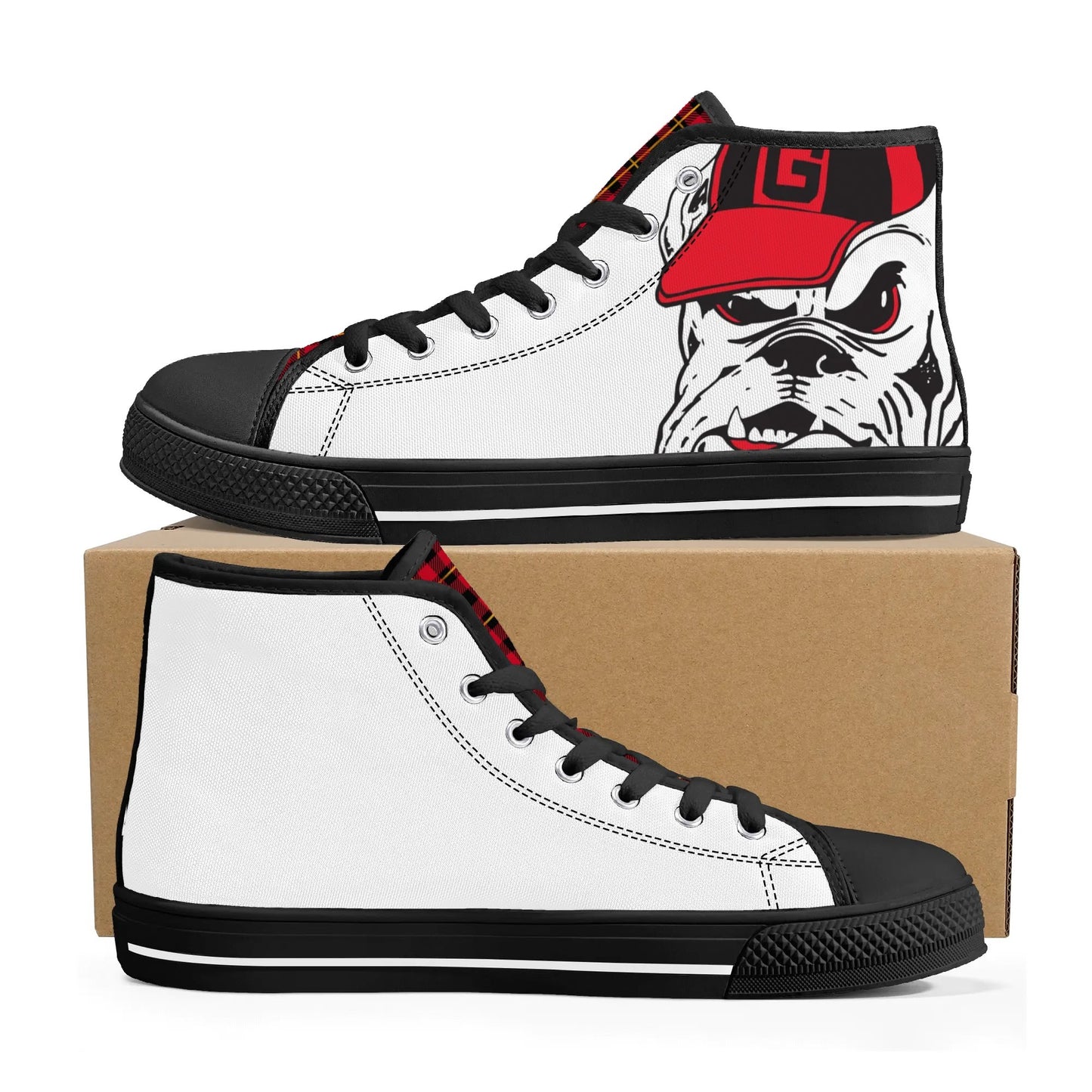 ANGRY BULLDOG/ WHITE with RED PLAID TONGUE Mens High Top Canvas Shoes