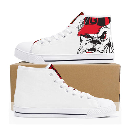 ANGRY BULLDOG/ WHITE with RED PLAID TONGUE Mens High Top Canvas Shoes