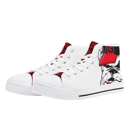 ANGRY BULLDOG/ WHITE with RED PLAID TONGUE Mens High Top Canvas Shoes