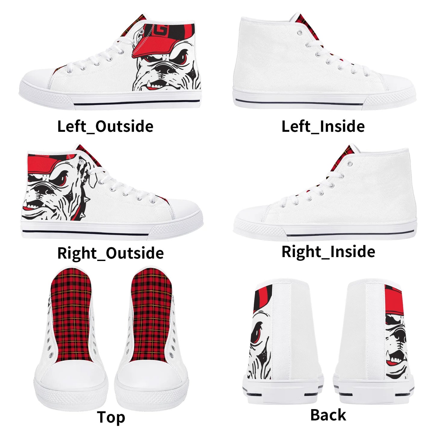 ANGRY BULLDOG/ WHITE with RED PLAID TONGUE Mens High Top Canvas Shoes