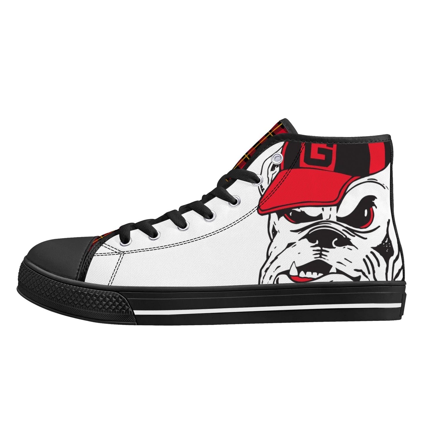 ANGRY BULLDOG/ WHITE with RED PLAID TONGUE Mens High Top Canvas Shoes