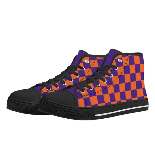 CLEMSON TIGERS CHECKERED PATTERN Mens High Top Canvas Shoes - PURPLE Tongue