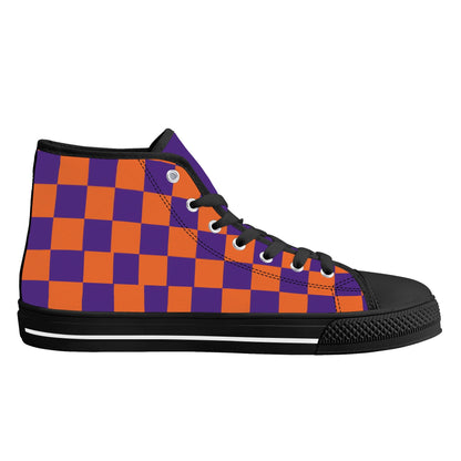 CLEMSON TIGERS CHECKERED PATTERN Mens High Top Canvas Shoes - PURPLE Tongue