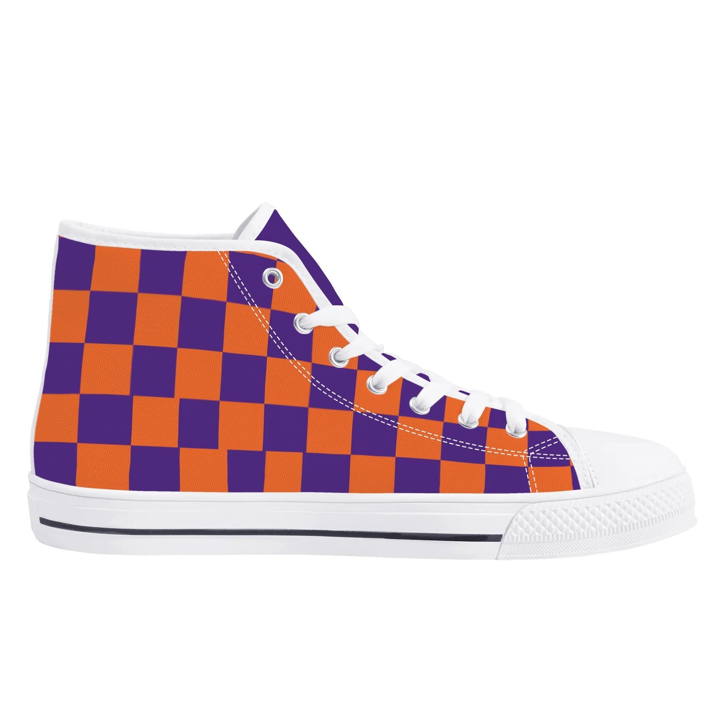 CLEMSON TIGERS CHECKERED PATTERN Mens High Top Canvas Shoes - PURPLE Tongue