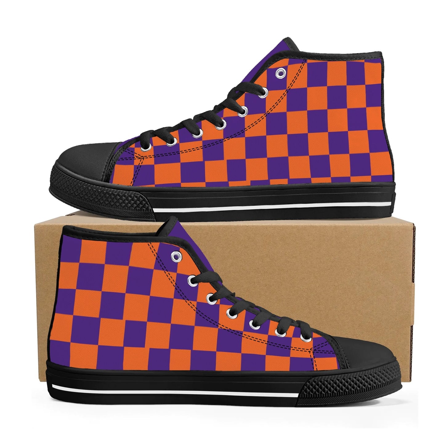 CLEMSON TIGERS CHECKERED PATTERN Mens High Top Canvas Shoes - PURPLE Tongue