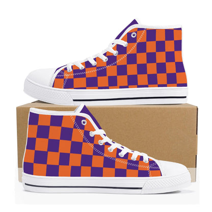 CLEMSON TIGERS CHECKERED PATTERN Mens High Top Canvas Shoes - PURPLE Tongue