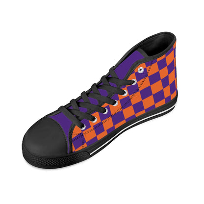 CLEMSON TIGERS CHECKERED PATTERN Mens High Top Canvas Shoes - PURPLE Tongue