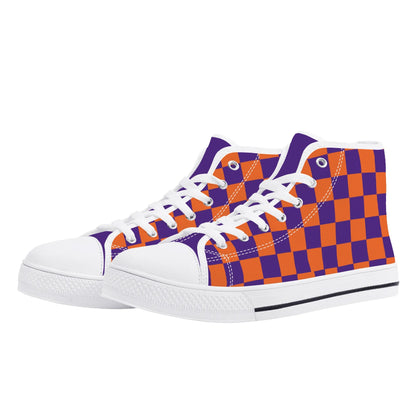 CLEMSON TIGERS CHECKERED PATTERN Mens High Top Canvas Shoes - PURPLE Tongue