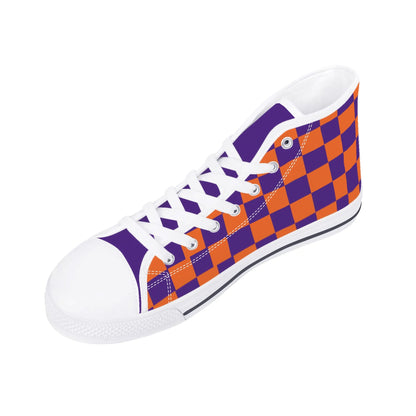 CLEMSON TIGERS CHECKERED PATTERN Mens High Top Canvas Shoes - PURPLE Tongue