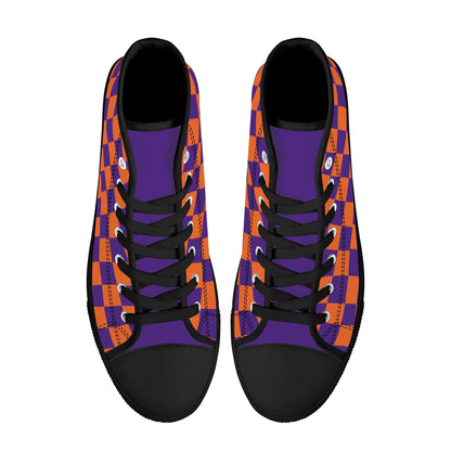 CLEMSON TIGERS CHECKERED PATTERN Mens High Top Canvas Shoes - PURPLE Tongue