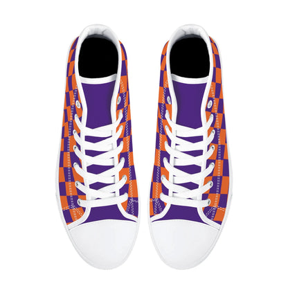 CLEMSON TIGERS CHECKERED PATTERN Mens High Top Canvas Shoes - PURPLE Tongue