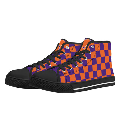 CLEMSON TIGERS - CHECKERED PATTERN - Mens High Top Canvas Shoes - PURPLE PAW LOGO TONGUE