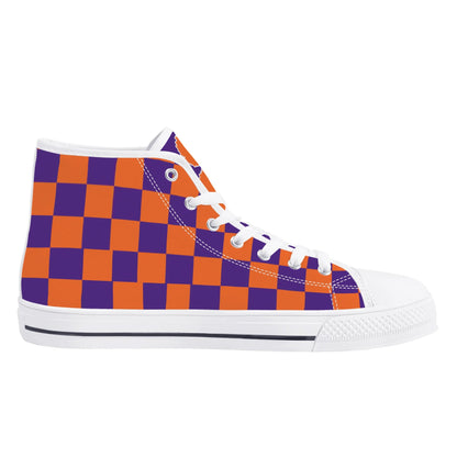 CLEMSON TIGERS - CHECKERED PATTERN - Mens High Top Canvas Shoes - PURPLE PAW LOGO TONGUE