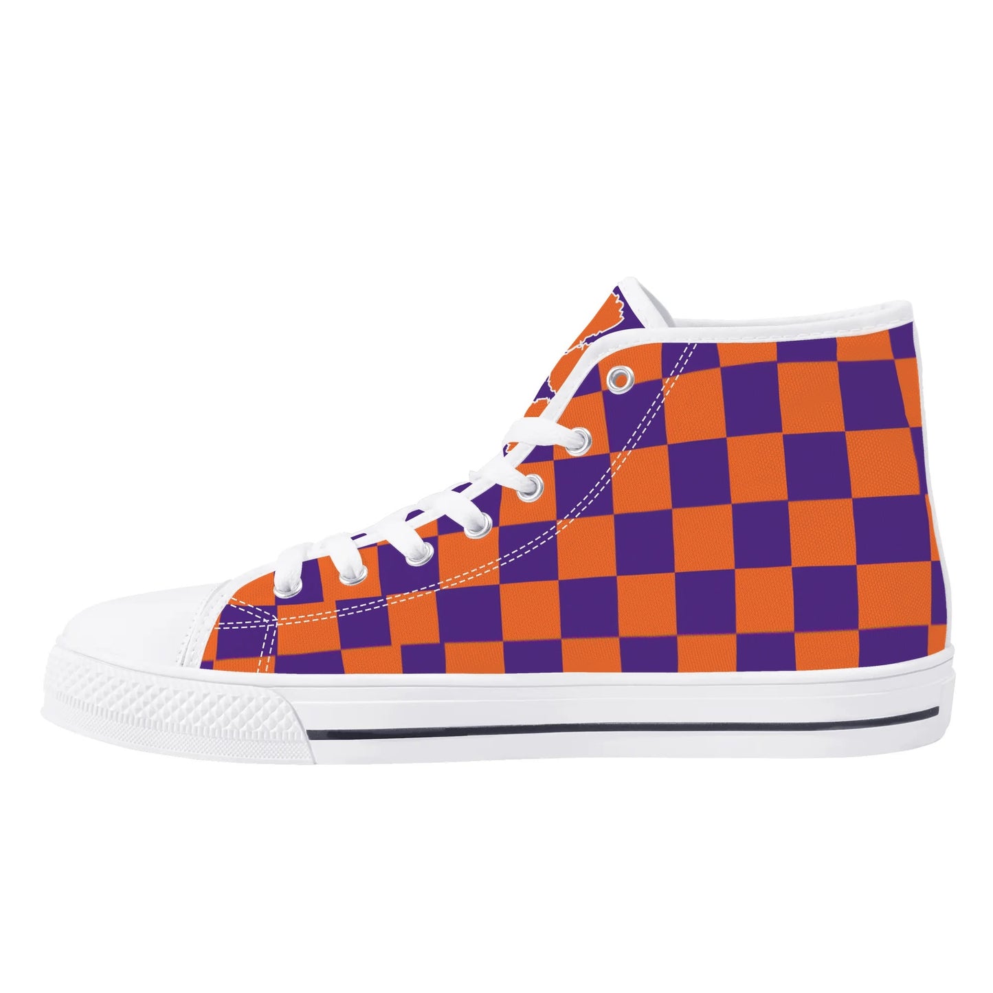 CLEMSON TIGERS - CHECKERED PATTERN - Mens High Top Canvas Shoes - PURPLE PAW LOGO TONGUE