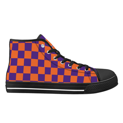 CLEMSON TIGERS - CHECKERED PATTERN - Mens High Top Canvas Shoes - PURPLE PAW LOGO TONGUE