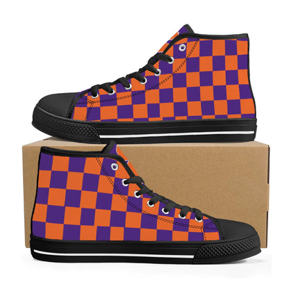 CLEMSON TIGERS - CHECKERED PATTERN - Mens High Top Canvas Shoes - PURPLE PAW LOGO TONGUE