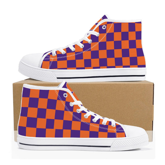 CLEMSON TIGERS - CHECKERED PATTERN - Mens High Top Canvas Shoes - PURPLE PAW LOGO TONGUE