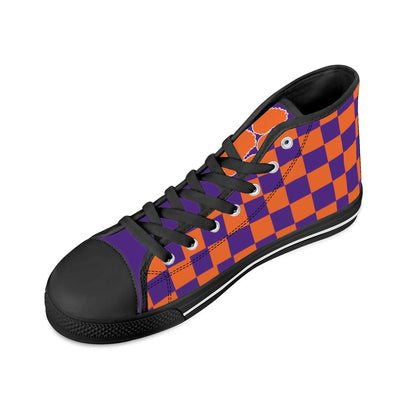 CLEMSON TIGERS - CHECKERED PATTERN - Mens High Top Canvas Shoes - PURPLE PAW LOGO TONGUE