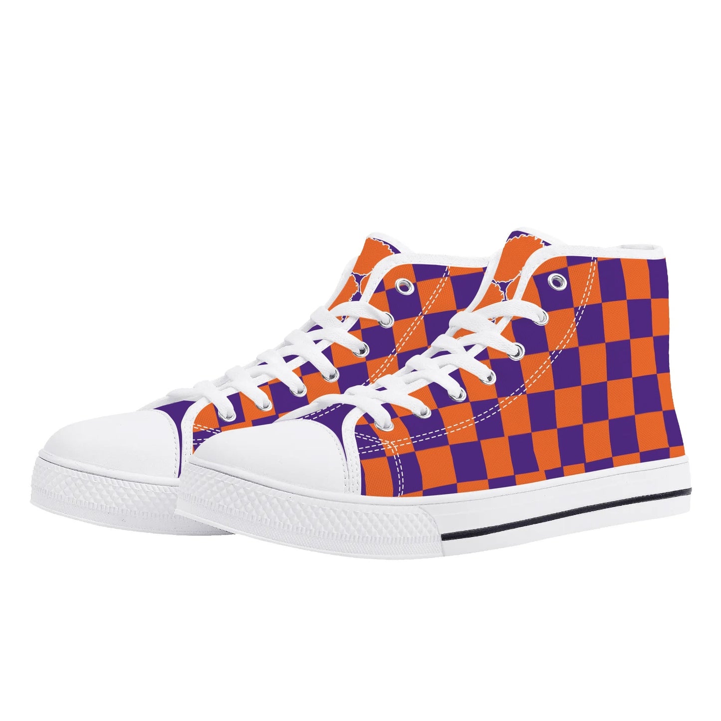 CLEMSON TIGERS - CHECKERED PATTERN - Mens High Top Canvas Shoes - PURPLE PAW LOGO TONGUE