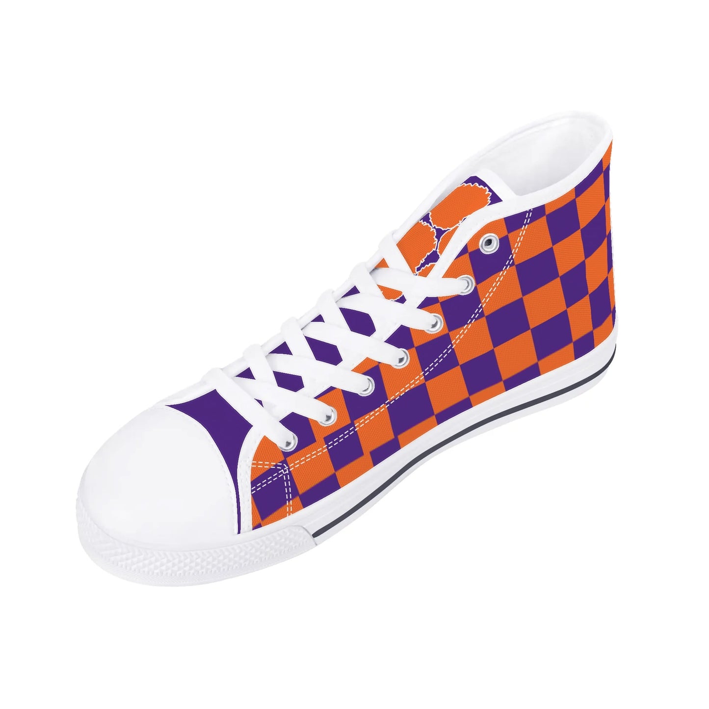 CLEMSON TIGERS - CHECKERED PATTERN - Mens High Top Canvas Shoes - PURPLE PAW LOGO TONGUE