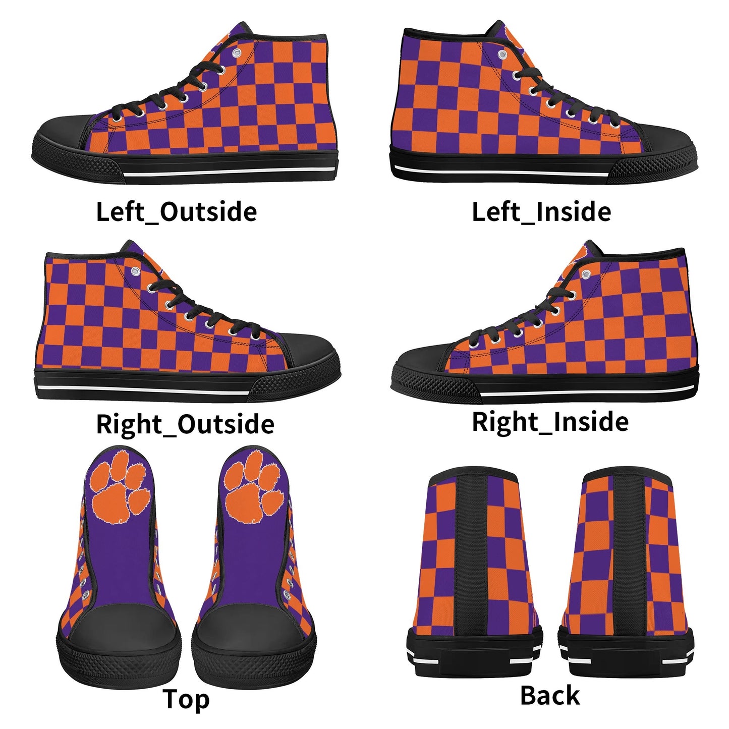 CLEMSON TIGERS - CHECKERED PATTERN - Mens High Top Canvas Shoes - PURPLE PAW LOGO TONGUE