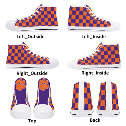 CLEMSON TIGERS - CHECKERED PATTERN - Mens High Top Canvas Shoes - PURPLE PAW LOGO TONGUE