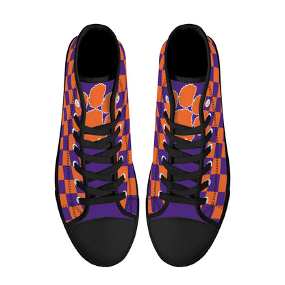 CLEMSON TIGERS - CHECKERED PATTERN - Mens High Top Canvas Shoes - PURPLE PAW LOGO TONGUE