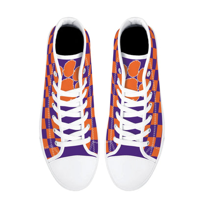 CLEMSON TIGERS - CHECKERED PATTERN - Mens High Top Canvas Shoes - PURPLE PAW LOGO TONGUE