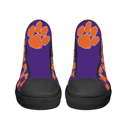 CLEMSON TIGERS - CHECKERED PATTERN - Mens High Top Canvas Shoes - PURPLE PAW LOGO TONGUE