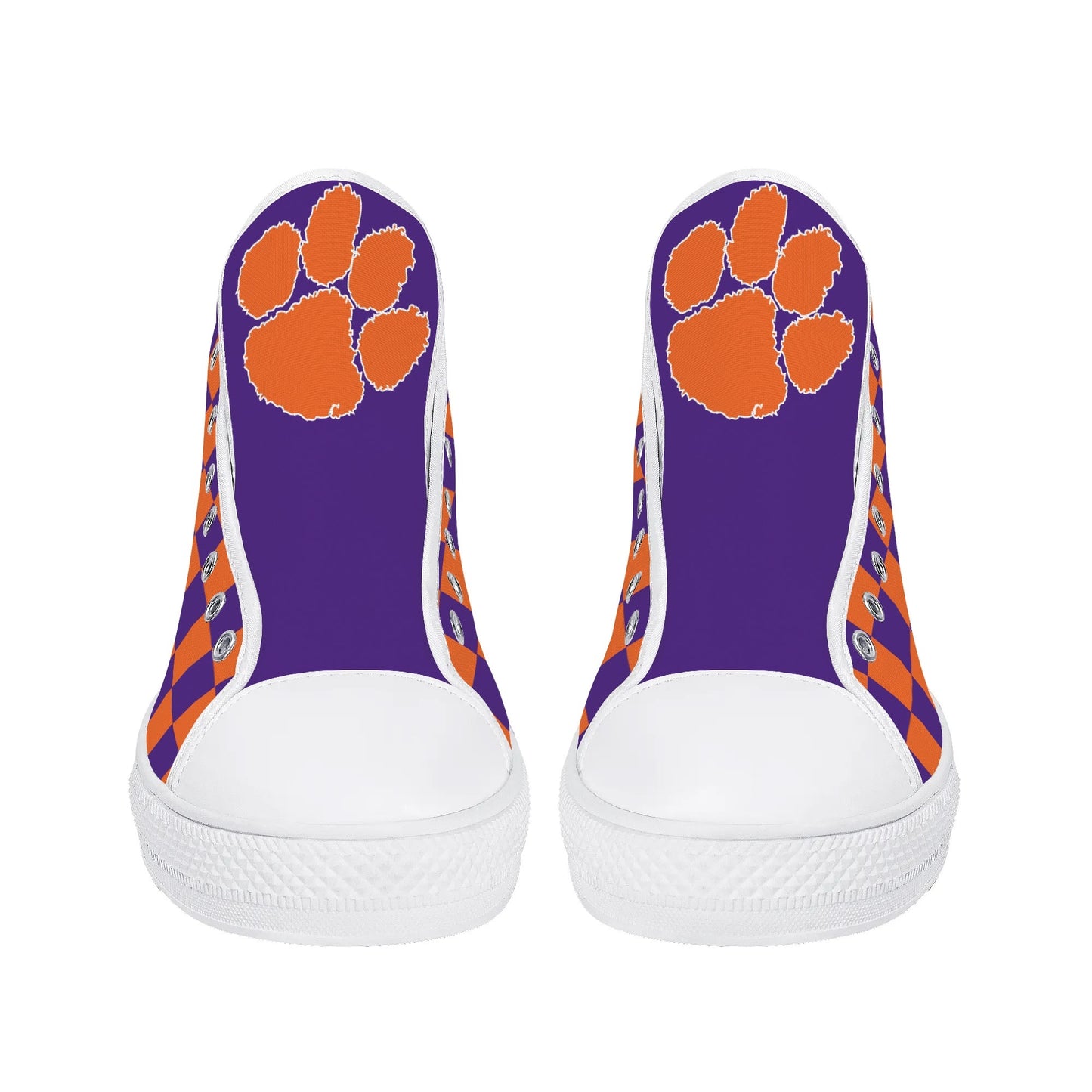 CLEMSON TIGERS - CHECKERED PATTERN - Mens High Top Canvas Shoes - PURPLE PAW LOGO TONGUE